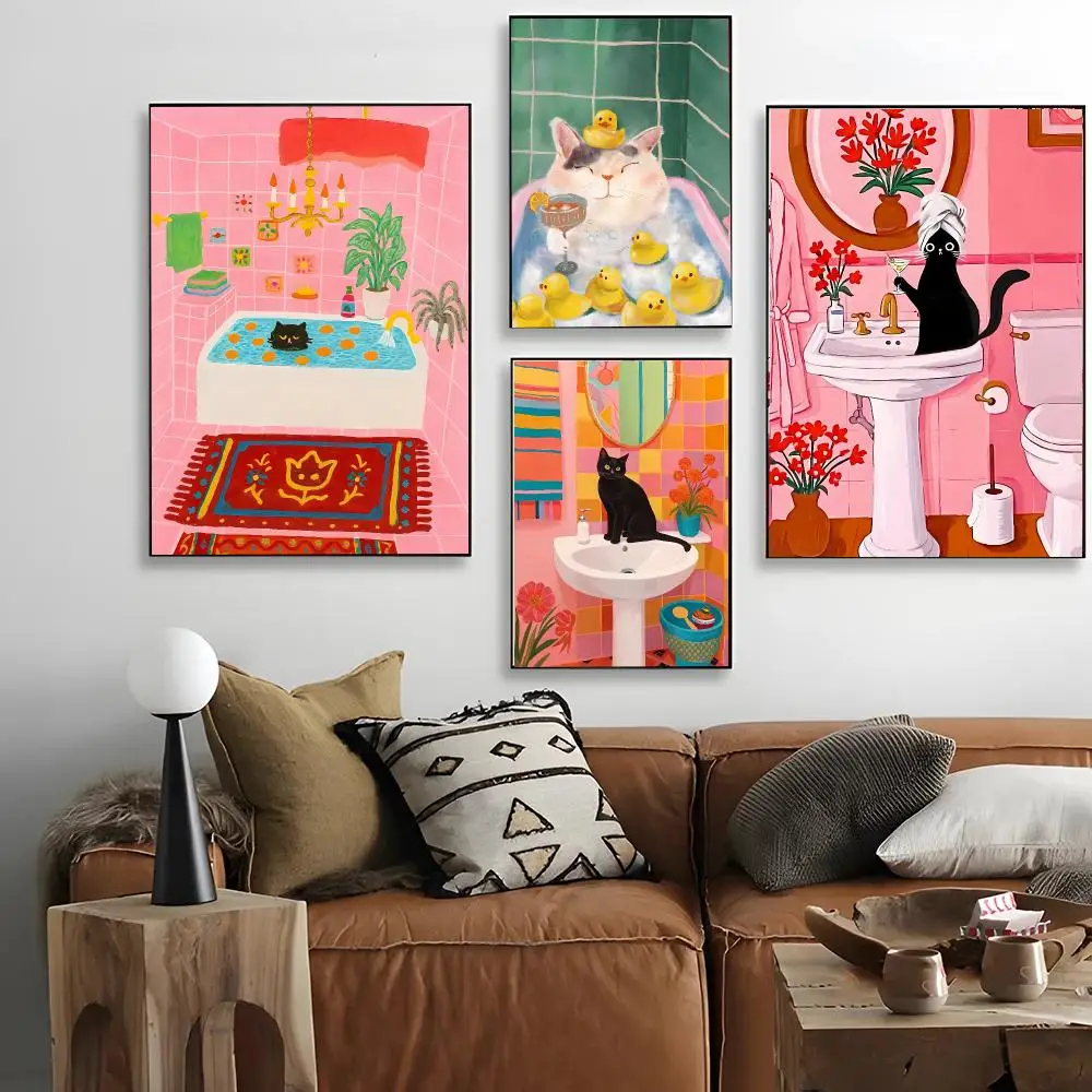 Rosy Playful Art Pink Cat Bathroom Poster Easy Install Sticky Backdrop No Glue Needed Premium PP Material Indoor Decor
