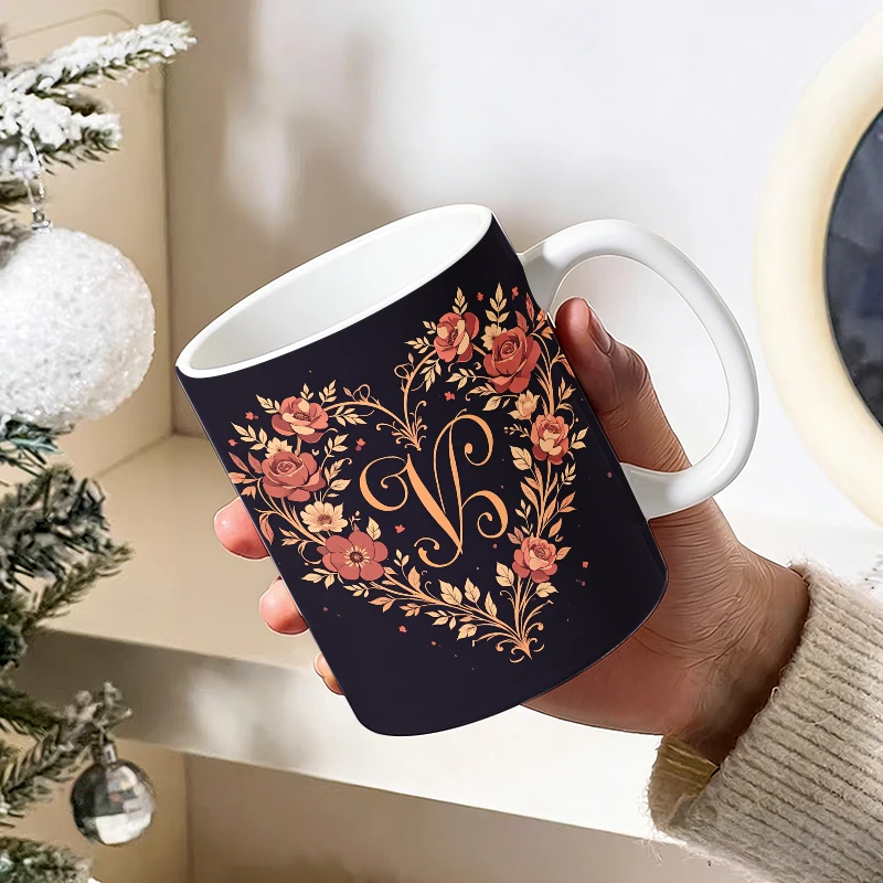 

11 oz Vintage Rose Heart Wreath Ceramic Mug with Handle, Creative Coffee Mug, Insulated Milk Cup, Office Tea Cup, Fade-Resistant