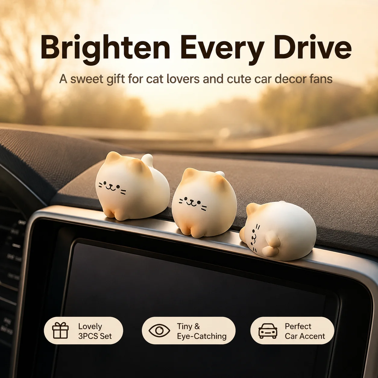 

3Pcs Cartoon Cat Car Dashboard Decor Cute Kitten Figurines Center Console Interior Accessories