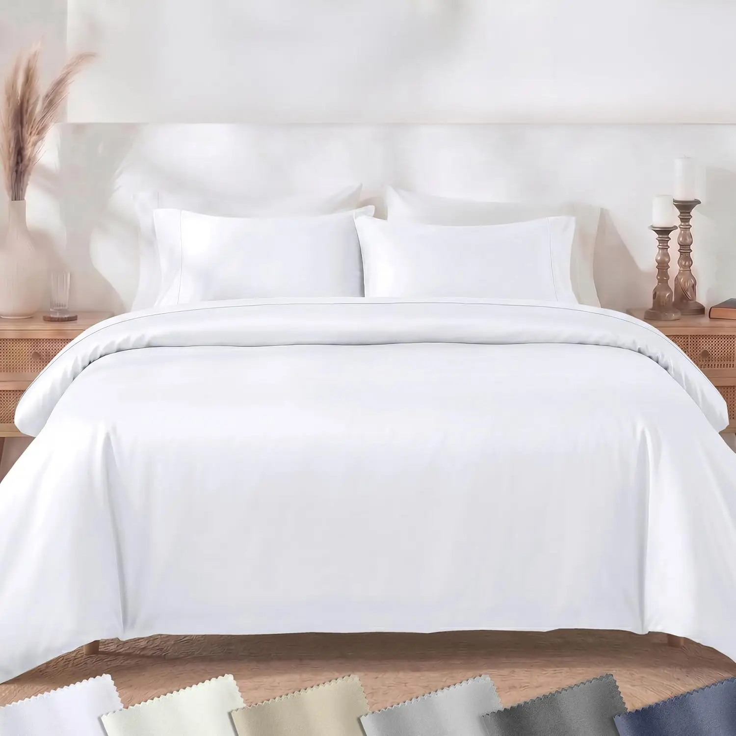 

King Size 3 Piece White Duvet Cover Set - 400 Thread Count 100% Cotton Sateen, Button Closure & Corner Ties, Machine Washable