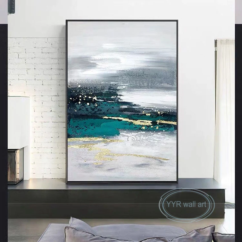 

Home Decor Art Oil Painting Nordic Abstract Handmade Acrylic Canvas Wall Picture Gold Foil Green Light Luxury Mural For Parlor