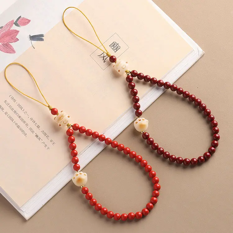 Cinnabar Hanging Ornaments BodhiCharcoal Burned Cat's Claw Mobile Phone Pendant Women's Exquisite Beaded Lanyard Wrist Rope