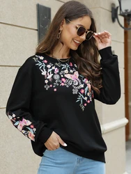 Khalee Yose Floral Embroidery Hoodie Pullover Sweatshirt Black Cotton Autumn Loose Harajuku Vintage Streetwear Female 23XXXL Top