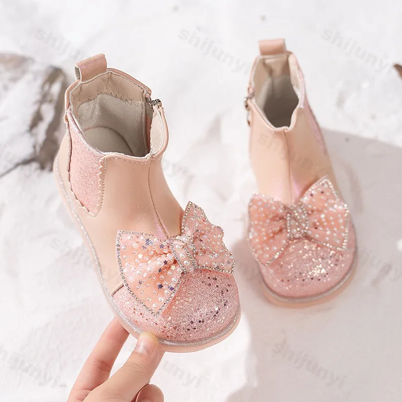 

Girl Sweet Princess Boots 2025 Autumn Fashion Bow Sequin Rhinestone Chelsea Boots Winter Plush Comfortable Children Ankle Boots