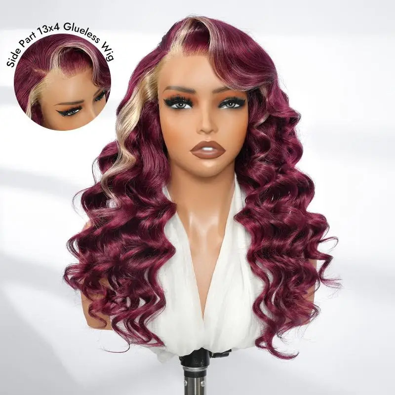Peluca Alipearl Hair Side Part 13x4 Borgoña 99J con cabello humano Rubio degradado peluca Frontal de encaje ola de mar peluca sin pegamento Pluck