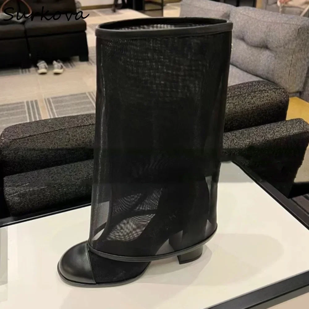 

Round Toe Mesh High Heel Trouser Boots Women Summer Chunky Heel Slip On Black Sandals 2025 New Fashion Design Large Size Pumps