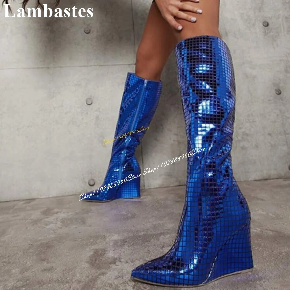 Knee High Blue Checkered Print Boots Wedges Heel Trending Women Shoes Side Zipper Pointed Toe 2024 Fashion Zapatos Para Mujere