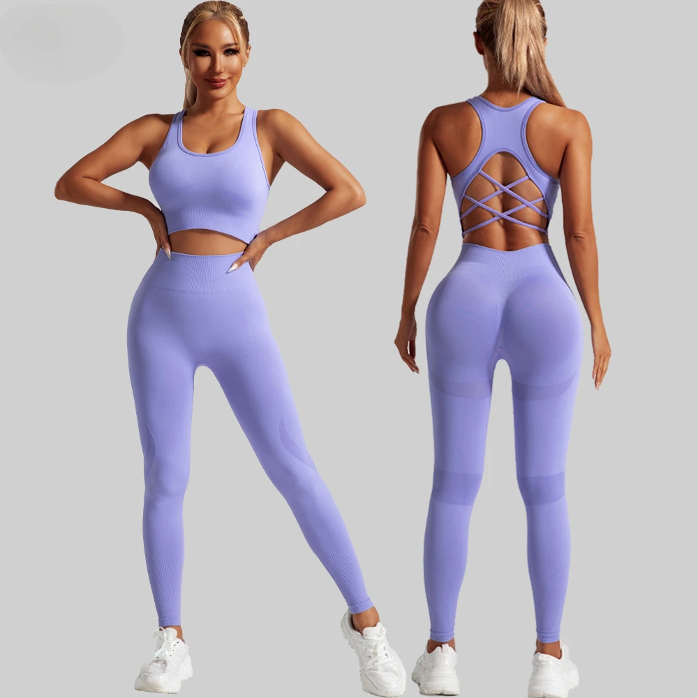Bezszwowy zestaw do jogi Dwuczęściowy zestaw damski Strój treningowy Zestaw do ćwiczeń Odzież fitness Dres Bez pleców Crop Top Legginsy Strój sportowy