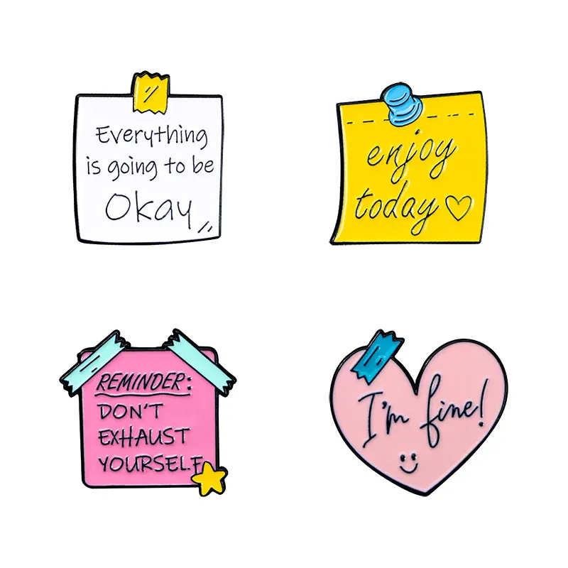 4Pcs/Set Cute Best Wishes Words On Note Paper Pins Letter Everything Is Going To Be Okey Enjoy Today Enamel Brooches