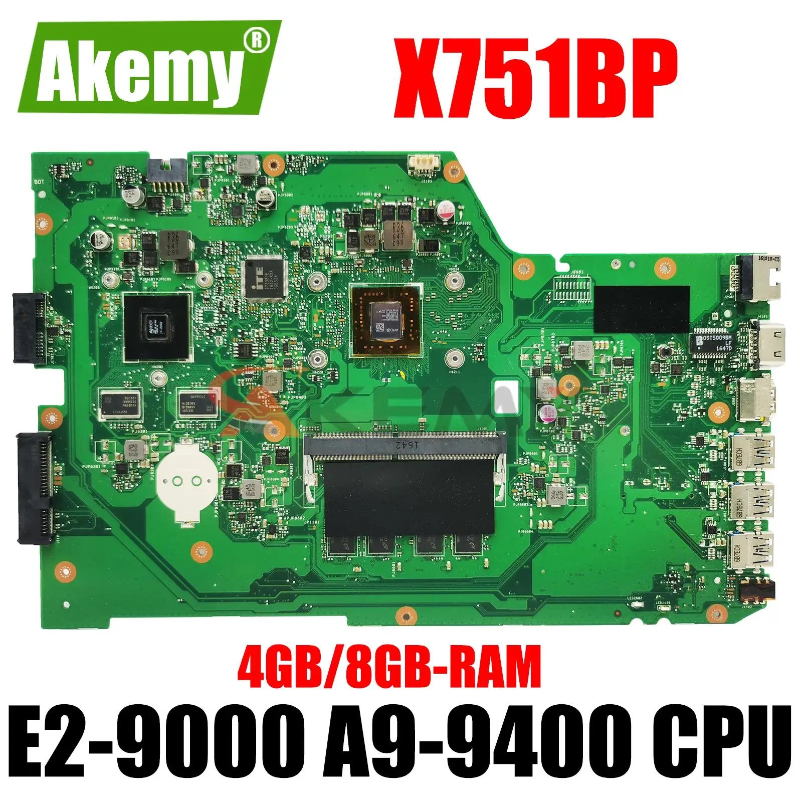 X751BP MAINboard For ASUS VIVOBOOK X751B Laptop Motherboard With E2-9000 A9-9400 CPU 4GB/8GB-RAM OK 100% Test