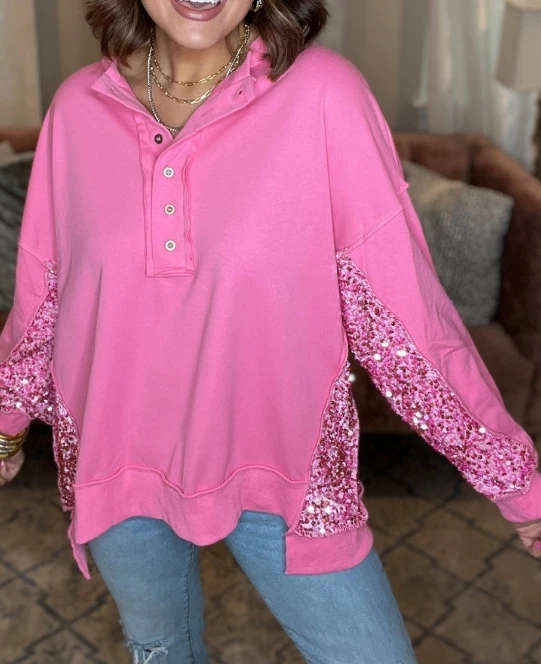 Felpa con cappuccio Pullover Casual aderente da donna Top risvolto colore a contrasto Patchwork con paillettes a maniche lunghe con cappuccio stile pendolarismo