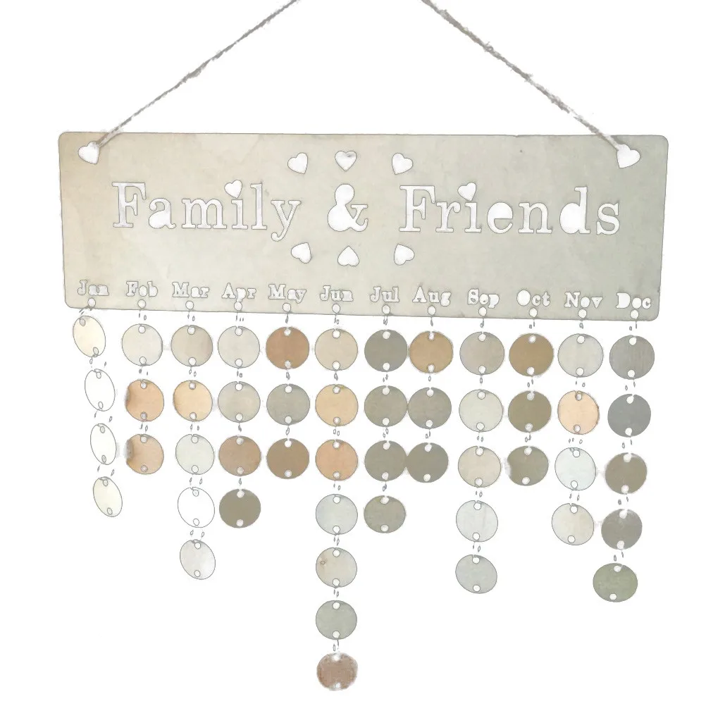 Wooden Birthday Calendar Reminder Plaque 1 Board 1 Rope 50 Round Discs Easy Assembly Home Wall Decoration for Family Friends