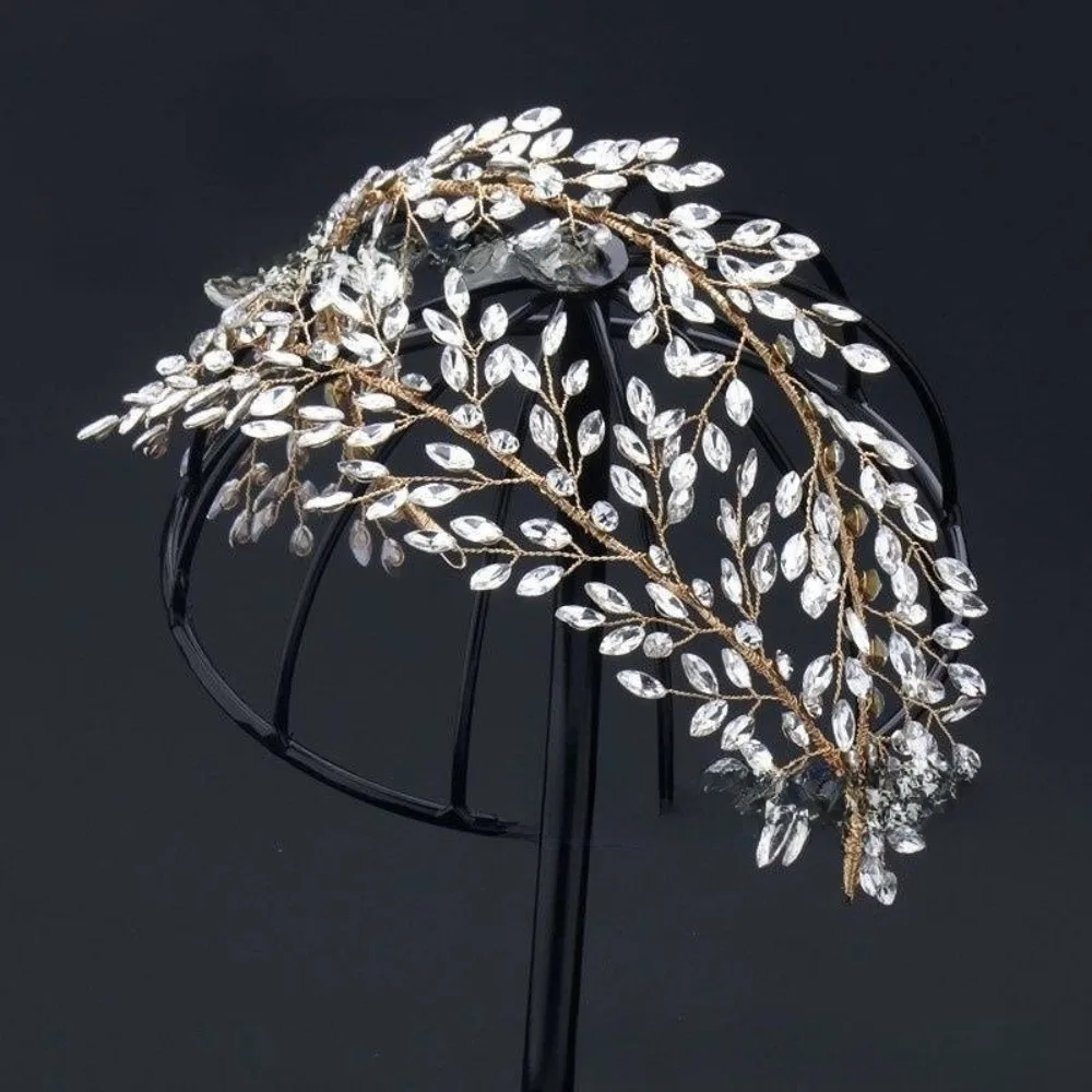 

Vintage Rhinestone Bride Headdress Leaf Sparkling Photography Headband French Style Handmade Wedding Hair Accessories Women
