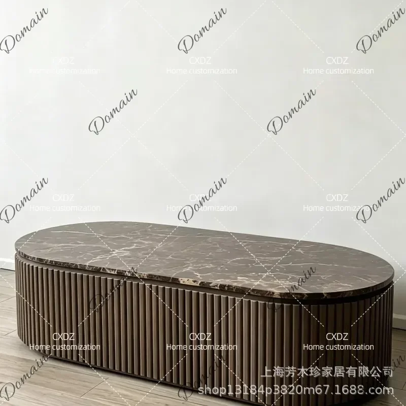 Simple Natural Marble Solid Wood Coffee Table Retro Style Living Room Engraving Oval Center Table for Home Furniture