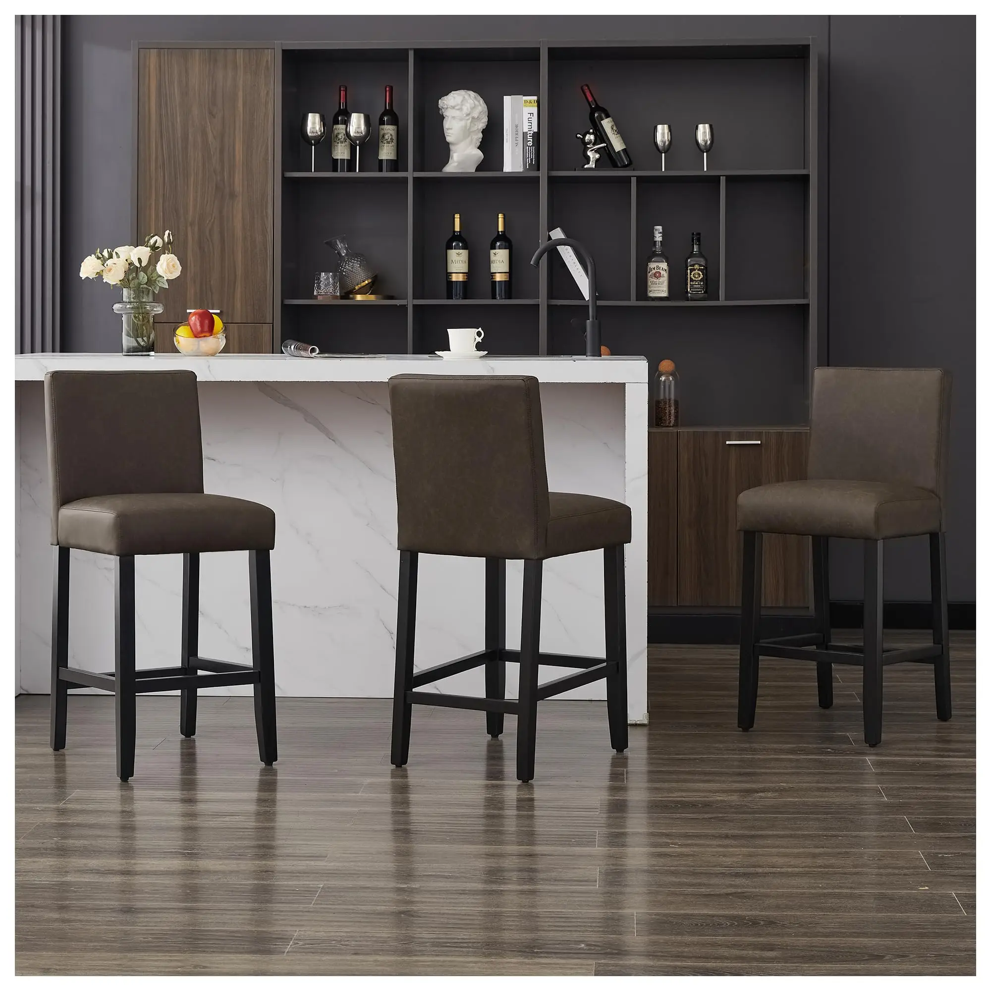Bar Stools Set of 3, 26'' Counter Height Bar Stools, Brown | Faux Leather Barstools, Vintage Patterns, Wood Legs, with