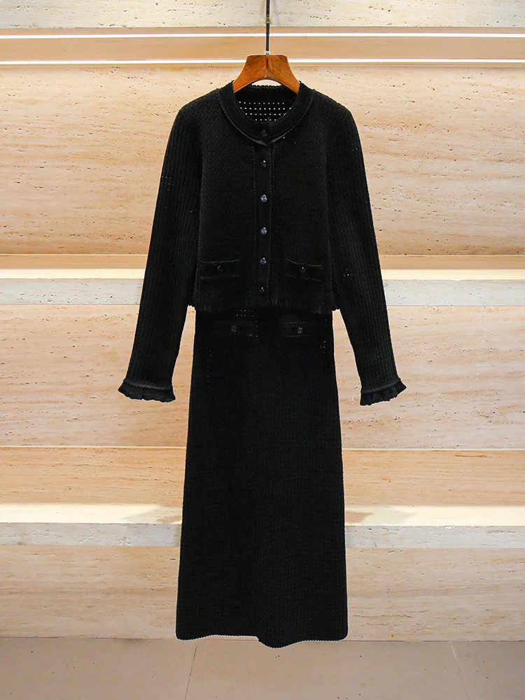 

SIVOS High-End Women's Knitted Cardigan Coat And f Skirt Set Faionable Ensemble Long Sve round Ne Button Closure