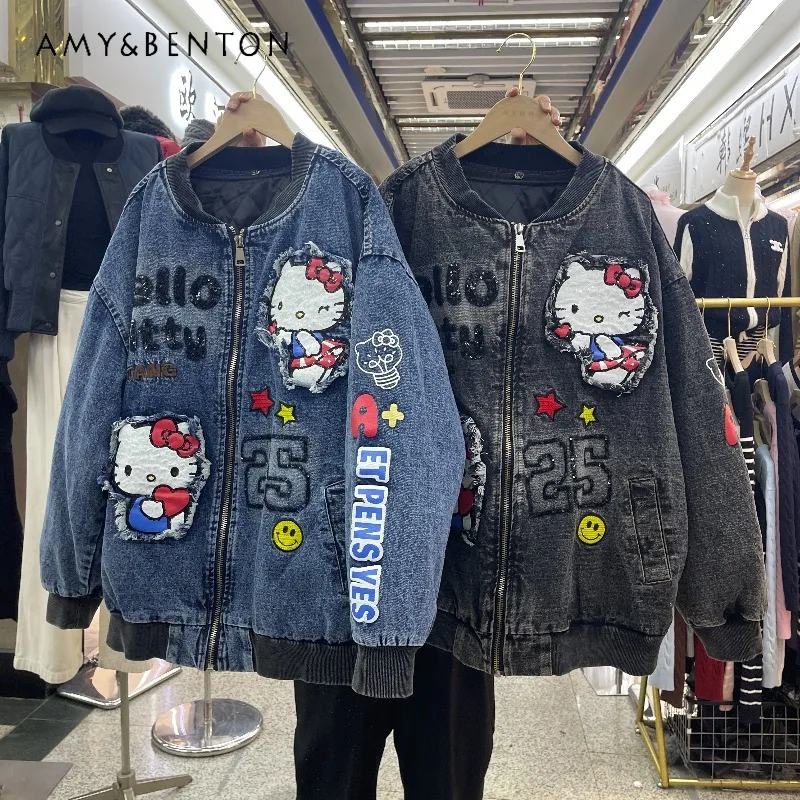 

2025 Autumn New Y2k Zipper Long-sleeves Coat For Women's Stylish Cartoon Denim Jacket Embroidered Parka Quilted Baseball Jacket