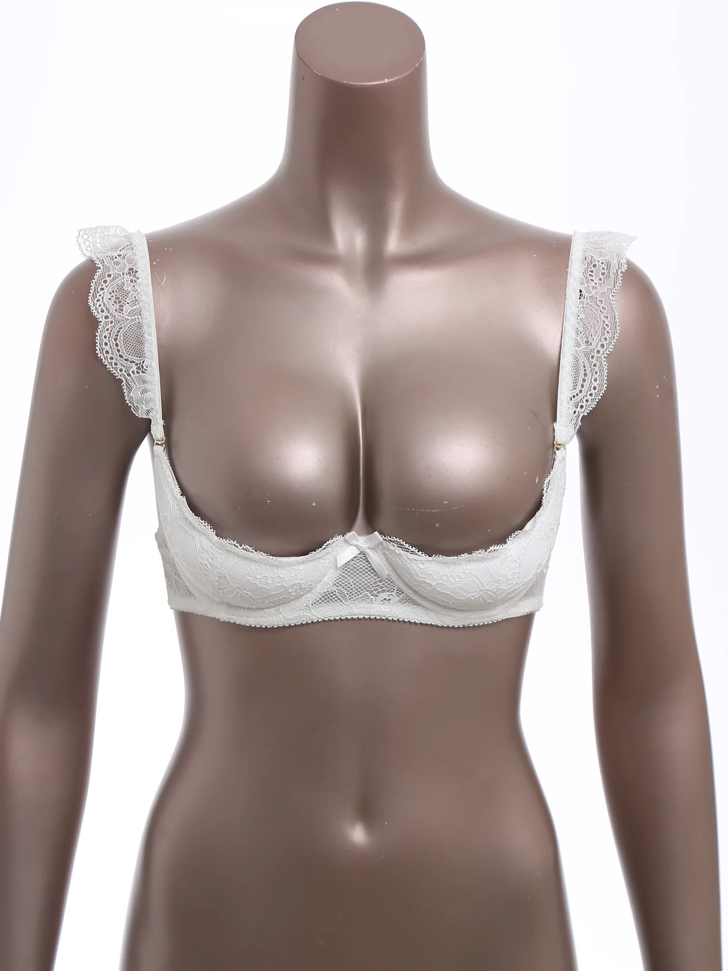 Womens Floral Lace 1/4 Cup Bra Removable 2cm Thick Pads Underwired Balconette Bra  Ruffled Spaghetti Straps Brassiere Lingerie
