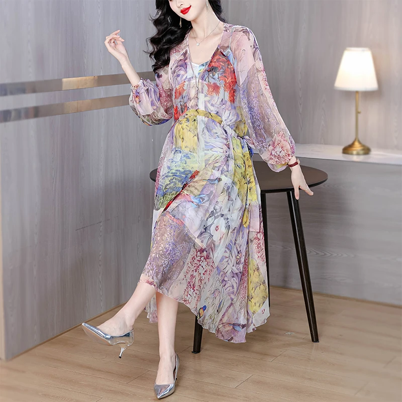 

Summer Women's Vintage Print Elegant Evening Prom Dress Spring Holiday Boho Hepburn Vestidos 2025 Luxury Silk Casual Midi Dress