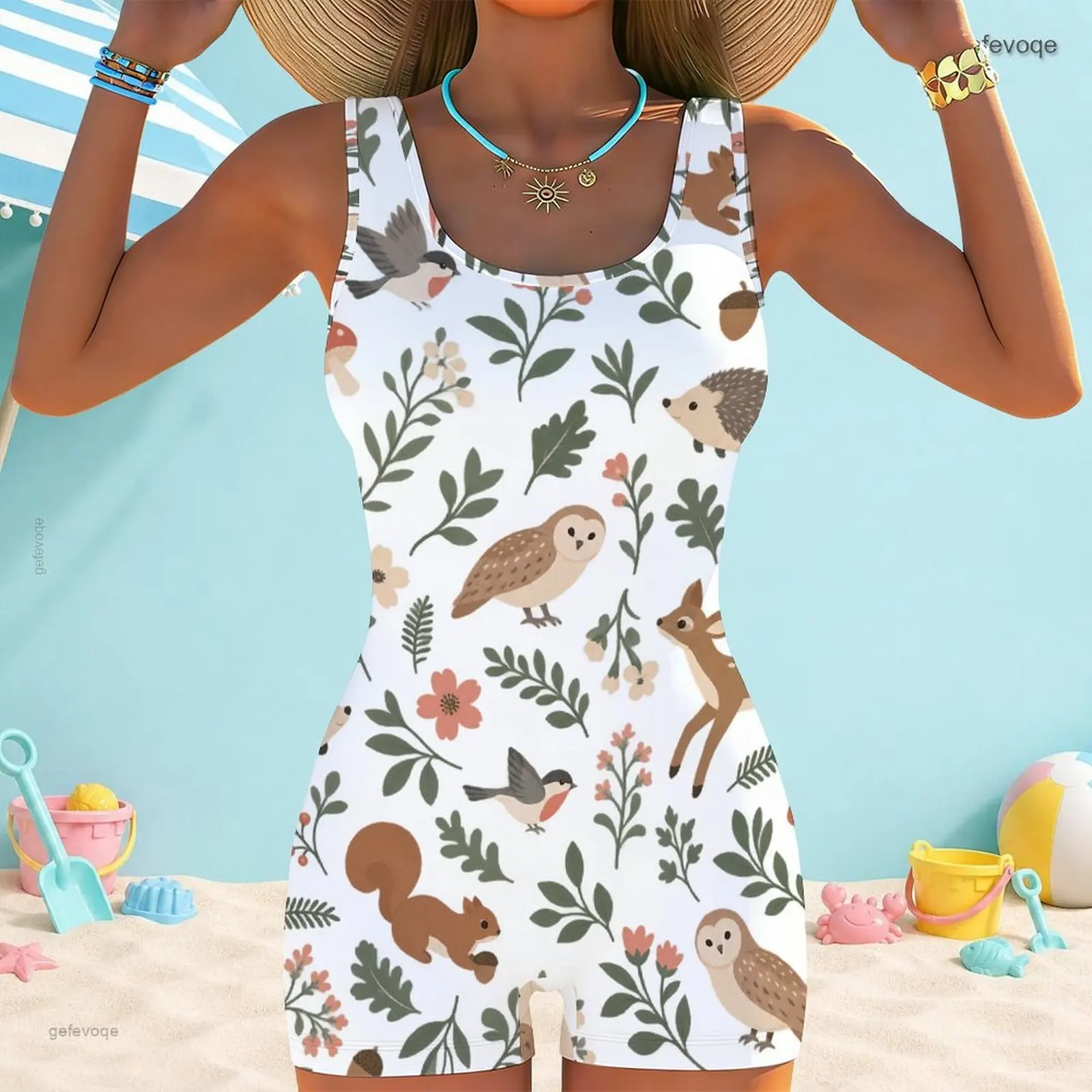 Women Sleeveless One Piece Boyshort Swimsuit Printed Colorful Maple Leaf Pattern White Base