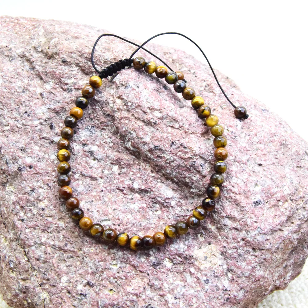 4mm Natural Stone Men Bracelet Tiger Eye Lapis Lazuli Zebra Stone Black Bead Woven Adjustable Charm Women Couple Bracelet Sports