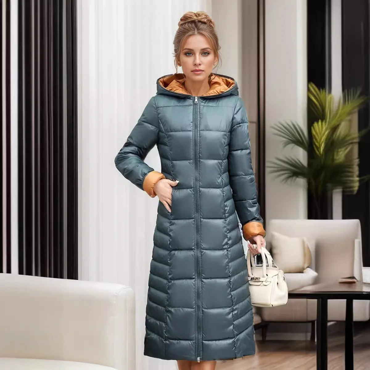 

Зимняя женская куртка с капюшоном на хлопковой подкладке, облегающее двустороннее пуховое пальто средней длины с хлопковой подкладкой для