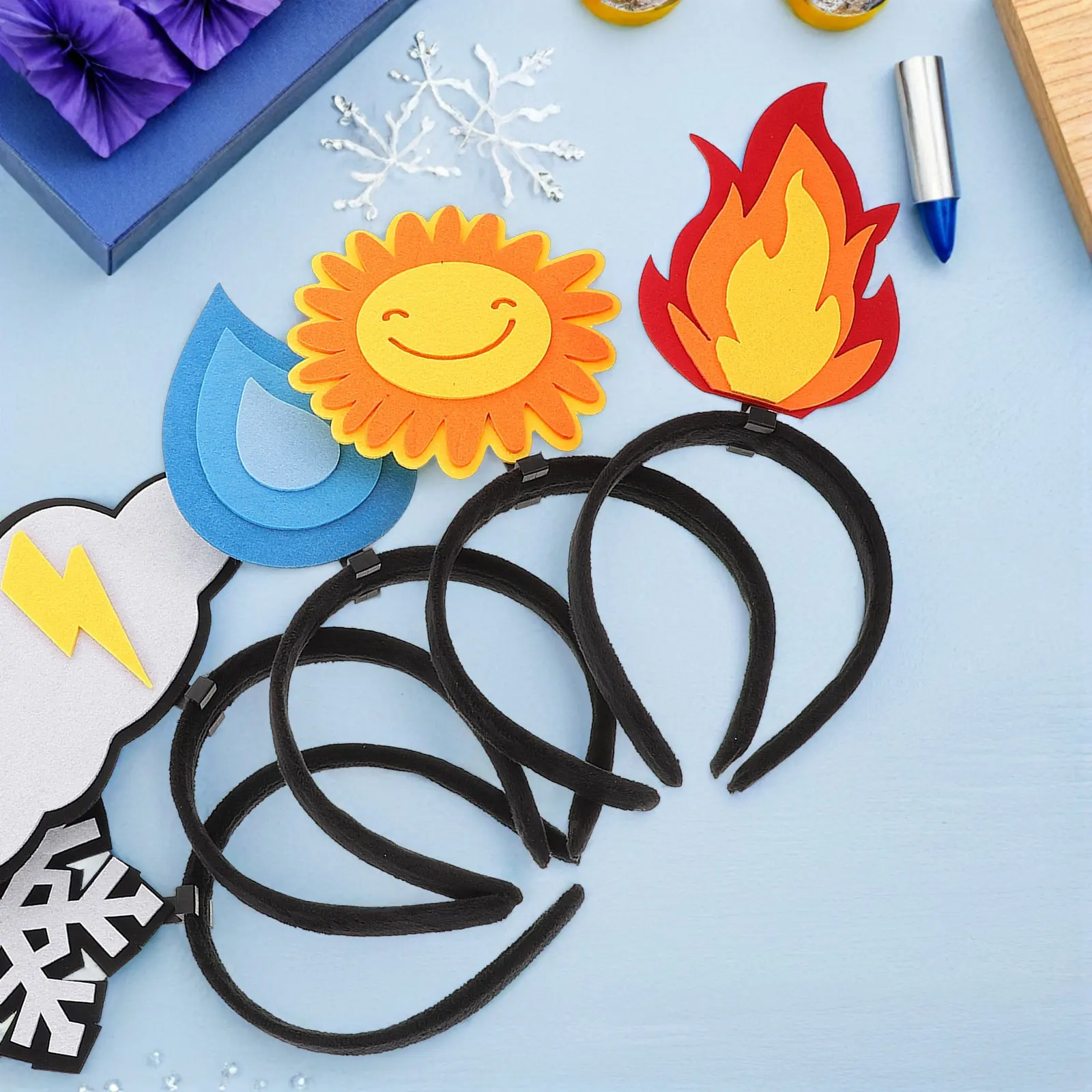 

5Pcs Lightweight Felt Party Headbands Flame Water Drop Sun Cloud Snowflake Hairbands for Adults Celebration