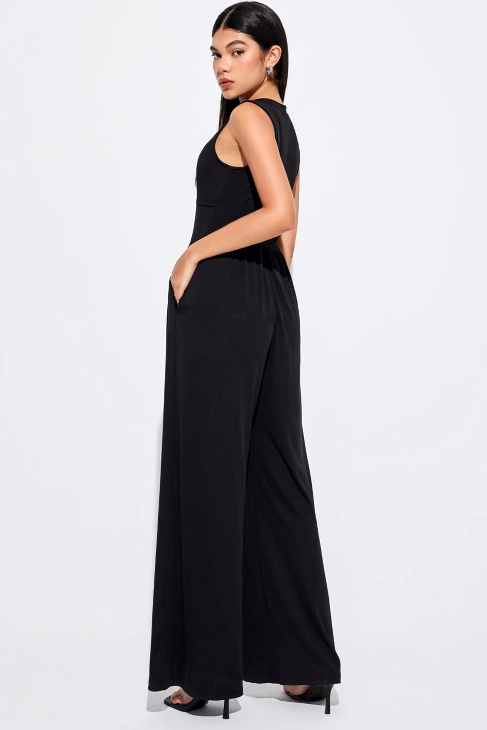 Solid Color Round Neck Cinched Waist Sleeveless Wide Leg Jumpsuit with Pockets