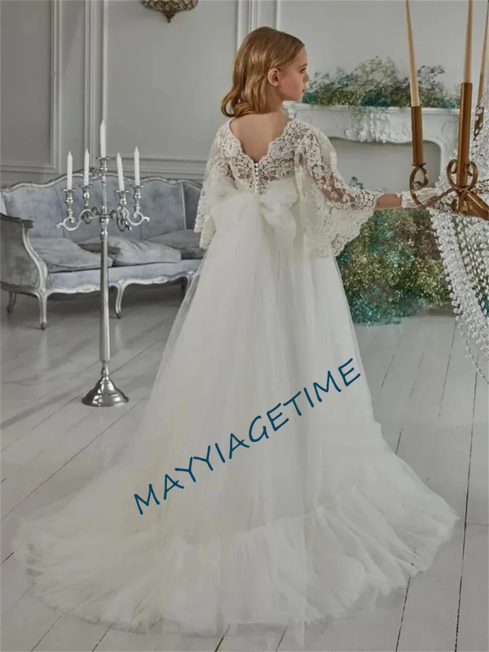 Vestidos Elegantes de manga larga con apliques de encaje, vestidos de flores para niñas, vestidos de princesa formales para ocasiones especiales, personalizados