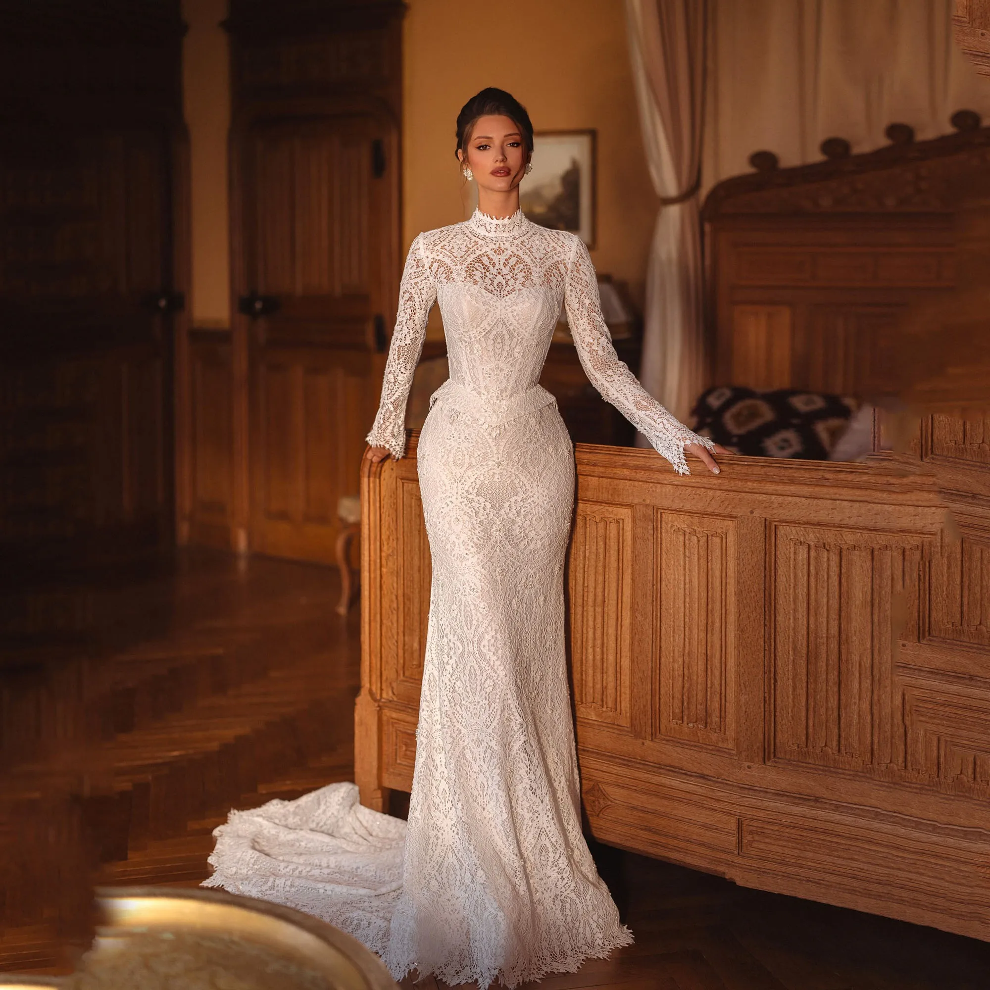 

Boho Lace Wedding Dresses Women 2026 High Collar Long Sleeveless Mermaid Open Back Sweep Train Robe De Mariée Customized