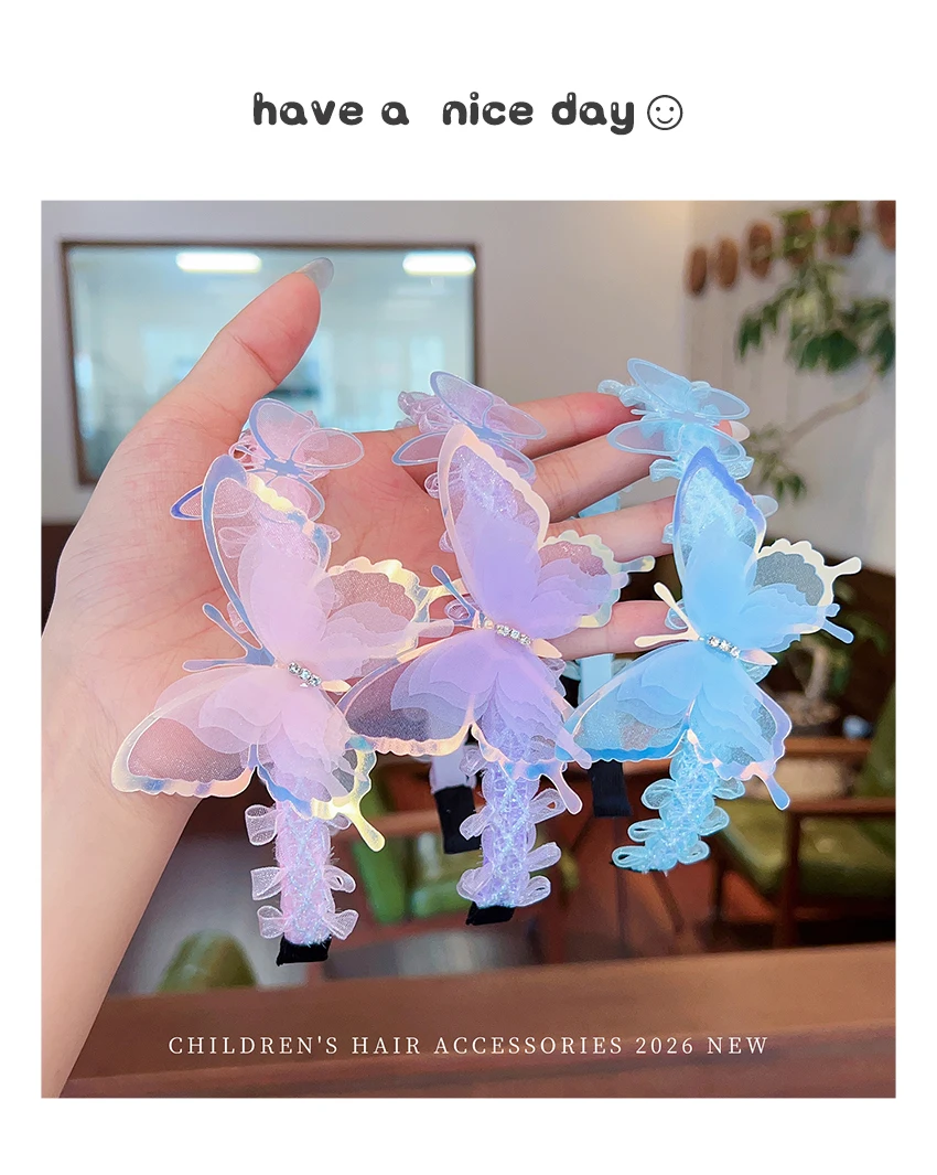 2026 Neue Funkelnde Farbverlauf-Schmetterlings-Stirnbänder aus Feen-Tüll, schmerzfreie Haarreifen für Kleinkinder, Mädchen, Blumenmädchen, Geburtstag, Foto-Requisite – Detail 1