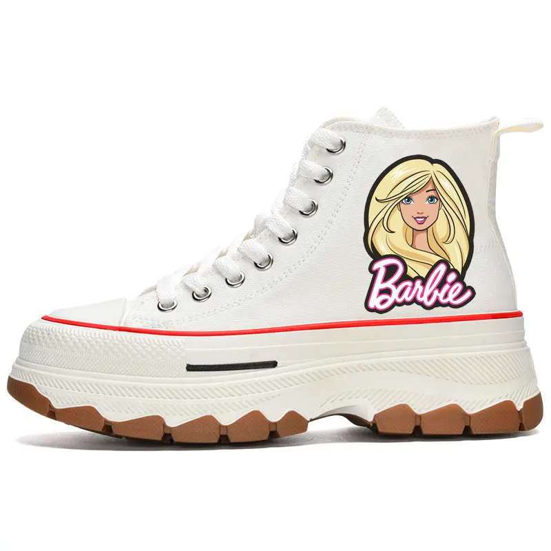 Woman Barbie Shoes Girls High Top Canvas teen  Casual Sneakers  White Shoes Cartoon Barbie Tennis elevator shoes Size 35-40