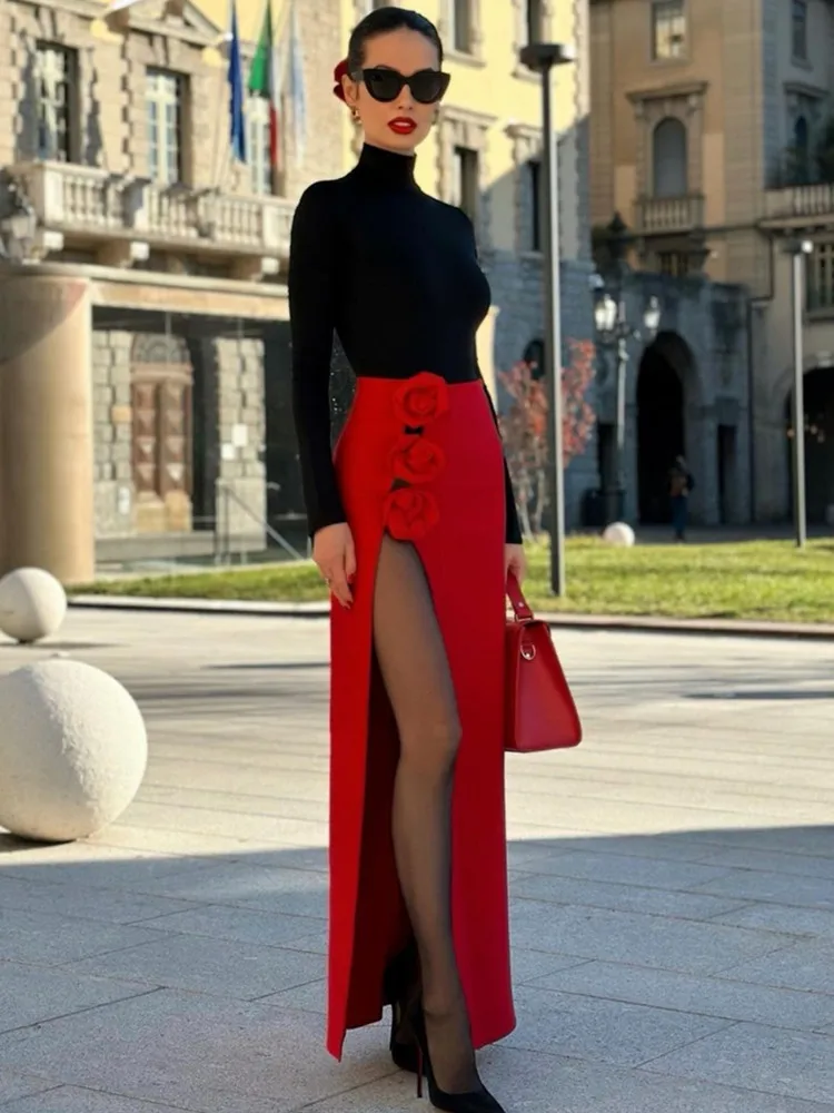 ILYBOOJUN New Women Red Black Long Bodycon Split Flower Bandage Skirt Designer High Street Party Skirt