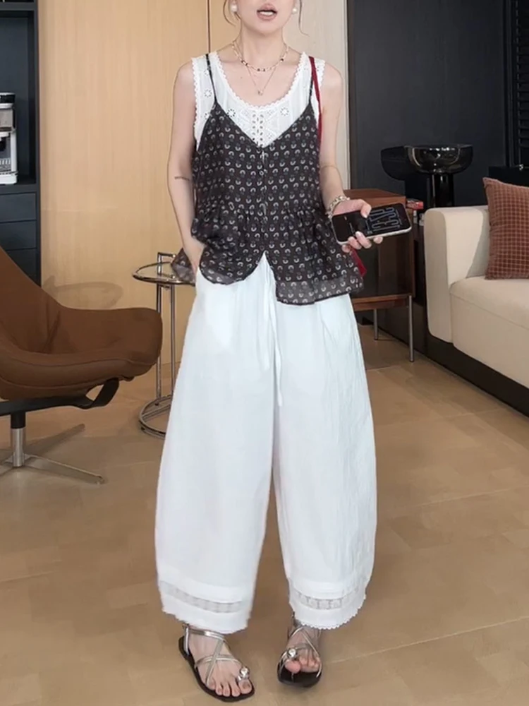 Fashionable Hollow out Vest Strap Casual Wide Leg Pants High End Feeling Women's Set Summer New Arrival Breathable Polyester ...