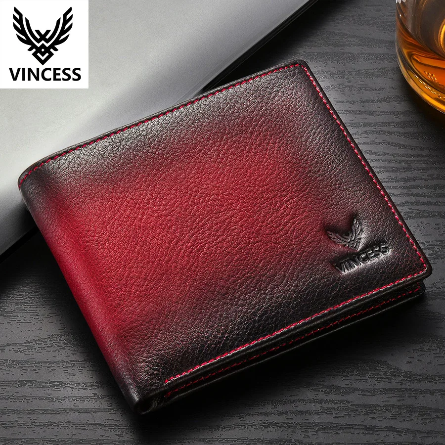 VINCESS Men's Wallet Genuine Leather RFID Card Holder with ID Window Large Capacity Male Storage Money Bag Christmas gift