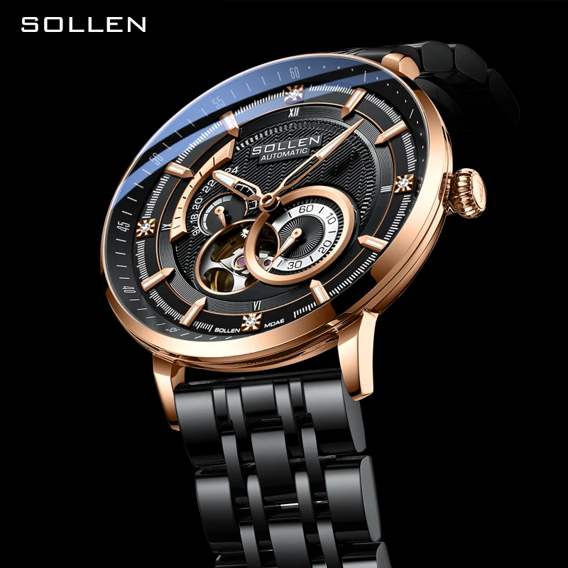 Nuovo marchio di lusso svizzero SOLLEN MIYOTA orologi meccanici automatici da uomo orologi luminosi con scheletro di diamanti impermeabili SL356