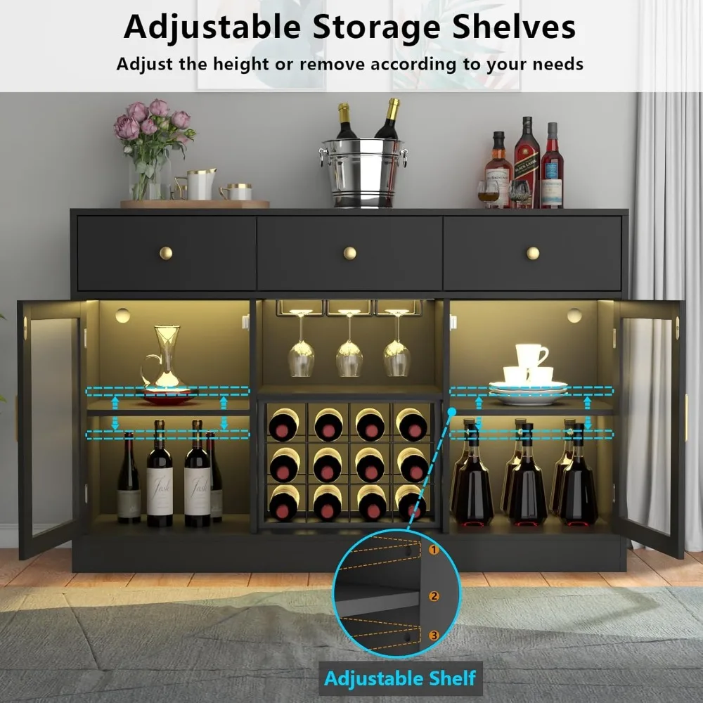 Wine Bar Cabinet with LED Light, Home Coffee Cabinet with Wine and Glass Rack, Kitchen Buffet Sideboard with Storage Cabinet&Dra