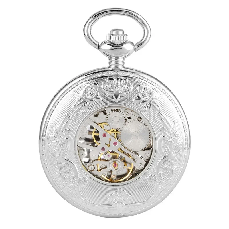 Vintage Unisex Mechanical Hand-winding Pocket Watch Silver Hollow Out Kirin Men Women Skeleton Clock with Pendant Chain Reloj