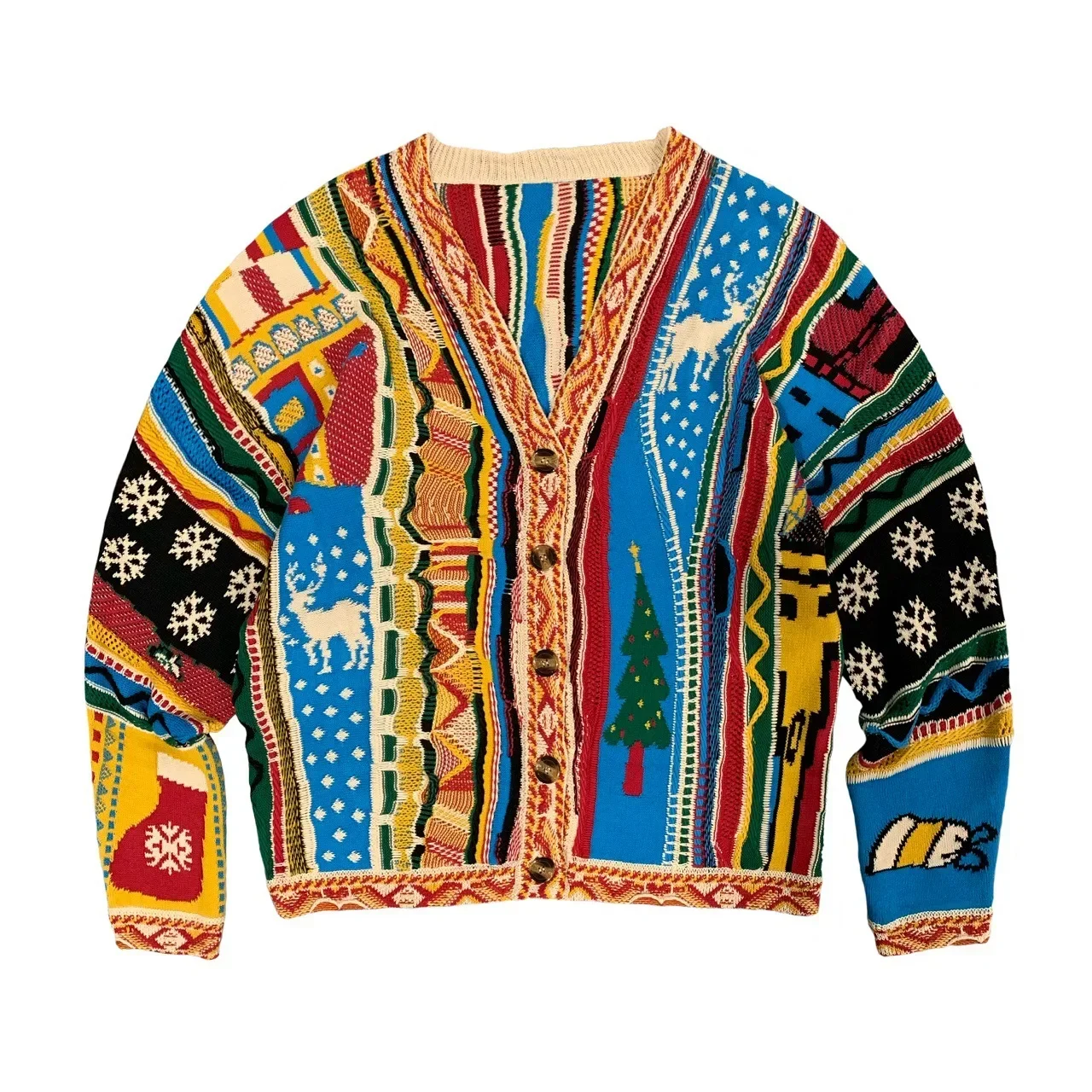 Kapital Vintage Japanese Jacquard Heavy Industry Cardigan V-Neck Sweater for Men