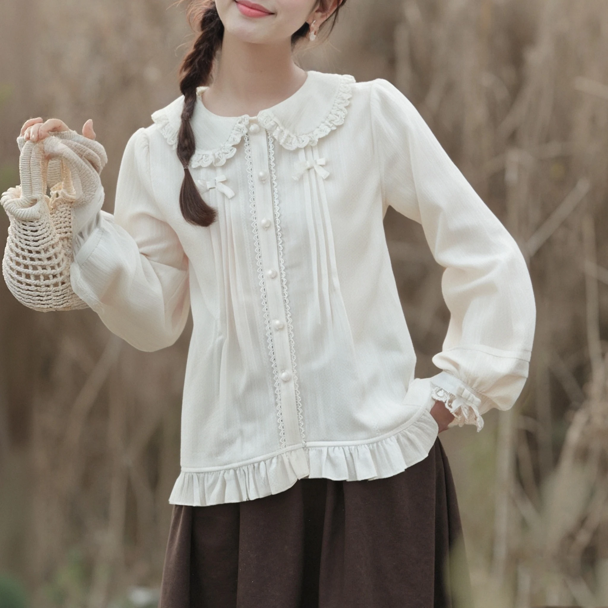 

Japanese Kawaii Women Sweet Lace Bow Ruffles Lolita Blouses Peter Pan Collar JK Shirts Soft Girl Long Sleeve Cotton Blusas Mujer