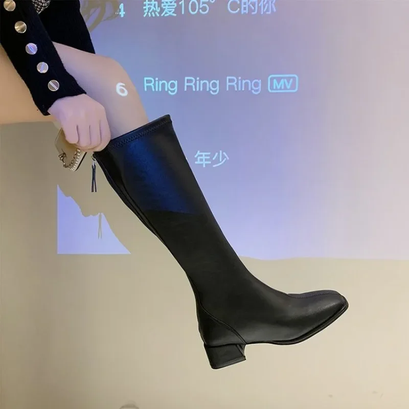 2024 New Female Soft PU Leather Thigh High Boots Autumn Fashion Slim Chunky Heels Over The Knee Boots Women Party Shoes Black