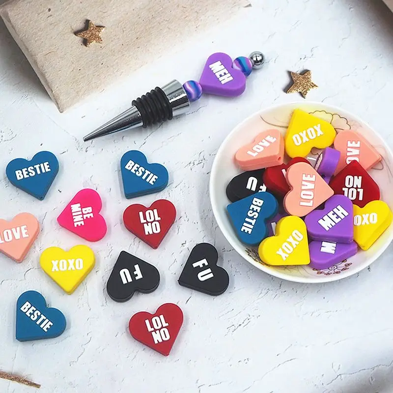 Chenkai 50PCS Candy Heart Valentine's Focal Beads For Pen Beadable Pen Silicone Charms Character Beads For Pen Making Pacifiers