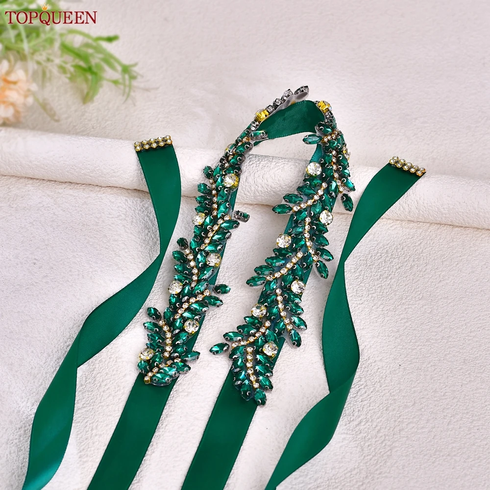TOPQUEEN New Design Leaf Shape Wedding Belt Green Rhinestone Dress Belt Banquet Party Ladies Dress Up Accessories S242