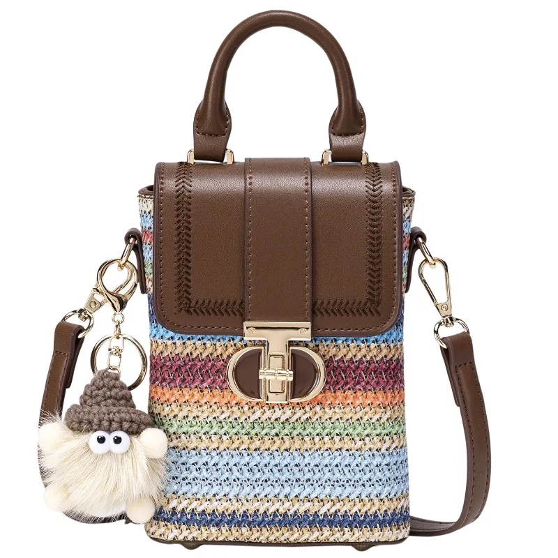 Women Rainbow Striped Straw Woven Mini Handbag PU Trim Lock Design Crossbody Shoulder Bag With Doll Pendant