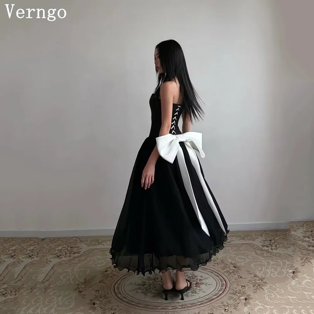 

Verngo Elegant Black Satin Evening Dress Strapless A Line Bow Graduation Dress Lace Up Prom Party Gowns Customized