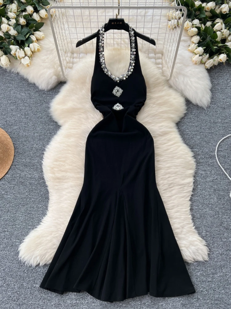 

Women Elegant Party Dress Sexy Diamond Hanging Neck Backless Ruffled Fishtail Dresses Ladies Vintage Black Bodycon Long Robe