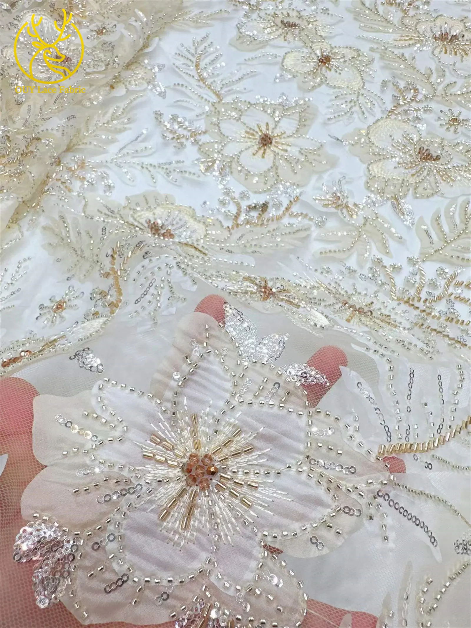 Afrikanischer bestickter Perlen-Spitzenstoff 2026 – Hochwertiger nigerianischer Pailletten-Tüll-Spitzenstoff für Brautkleider und Hochzeitskleider zum Nähen – Detail 29