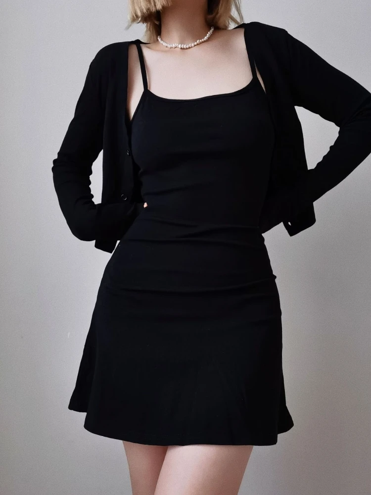 

American Style Sexy Dress and Cardigan 2 Pieces Sets Slim Fit Short Jumpers& Short Camisole Dress Casual Two-piece Set for Women