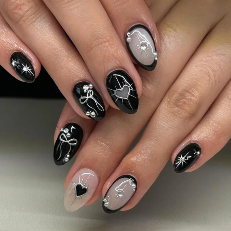 

24PCS Almond Oval Shape Fake Nails Gothic Dark Black Bow Love Heart Bean Press on Nails Cute Sweet Edgy False Nails for Women