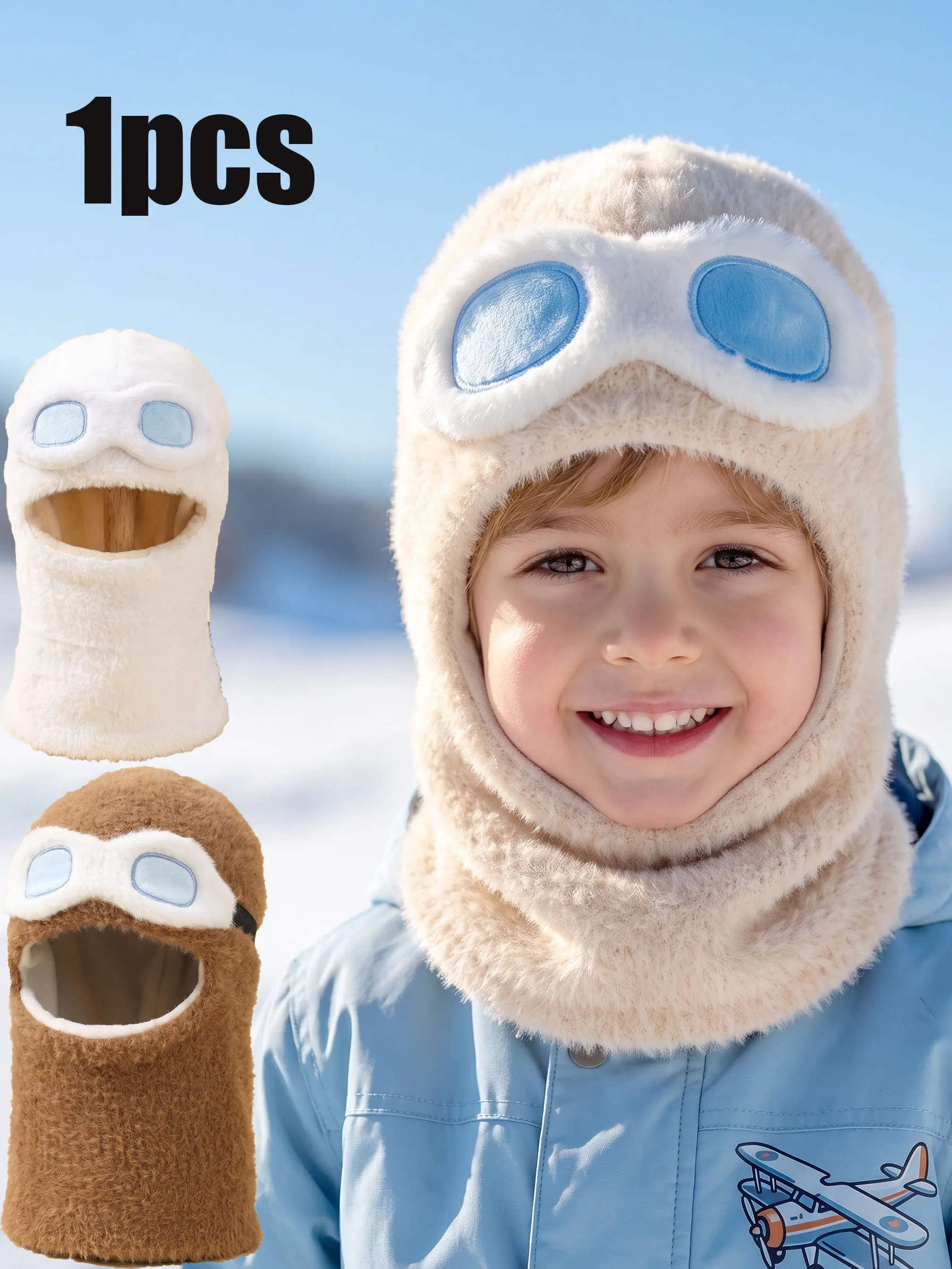 1pcs 1-3Y Cute Boys Kids Knit Balaclava, Cartoon Bear Glasses Decor Soft Thin Integrated Cap